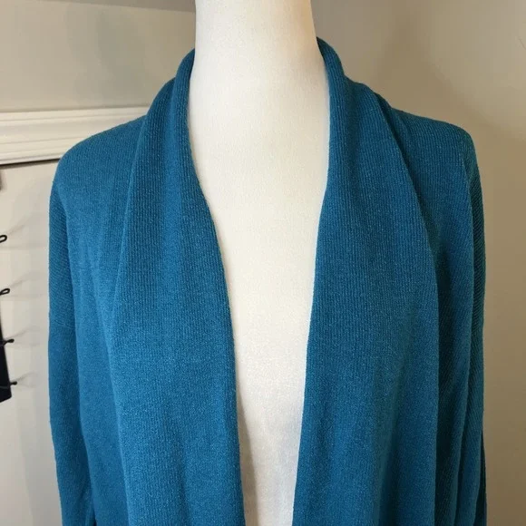 Eileen Fisher Teal Blue Linen Blend Open Front Longline Cardigan Sweater Medium - Picture 3 of 8